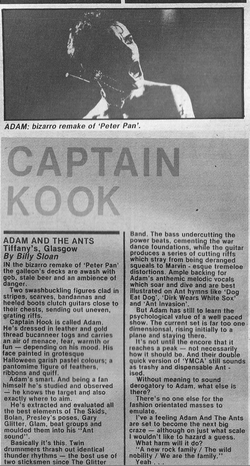 Adam and the Ants live review Tiffanys Glasgow - Record Mirror Nov 1980