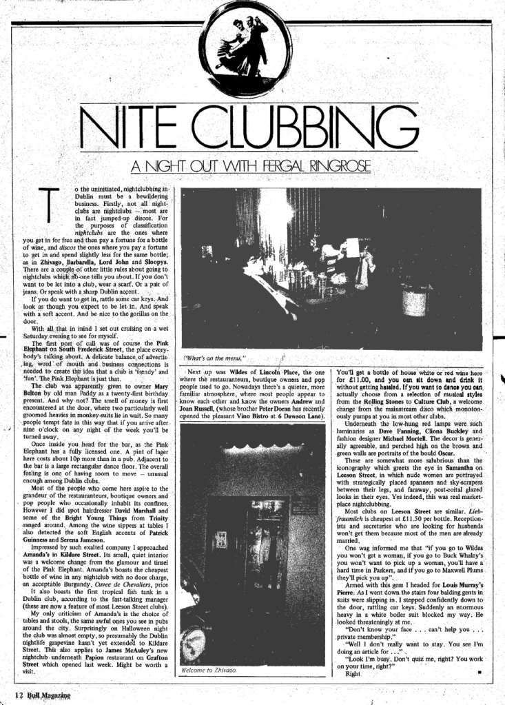 dublin 1982 nightclub zhivago pink elephant nite club review of dublin night clubs nite bull magazine 1982 fergal ringrose zhivago pink elephant