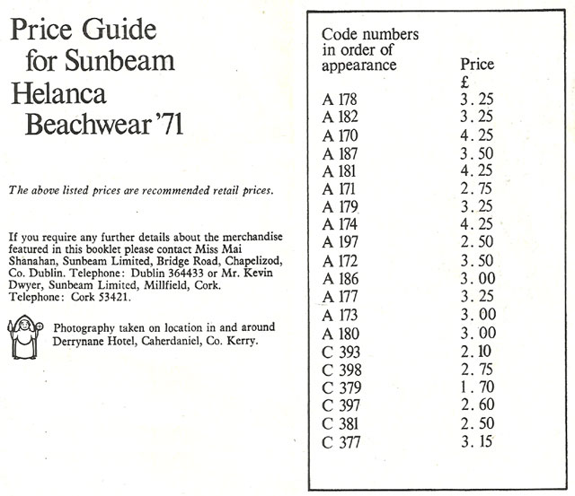 helanca sunbeam beachwear 1971 prices & details