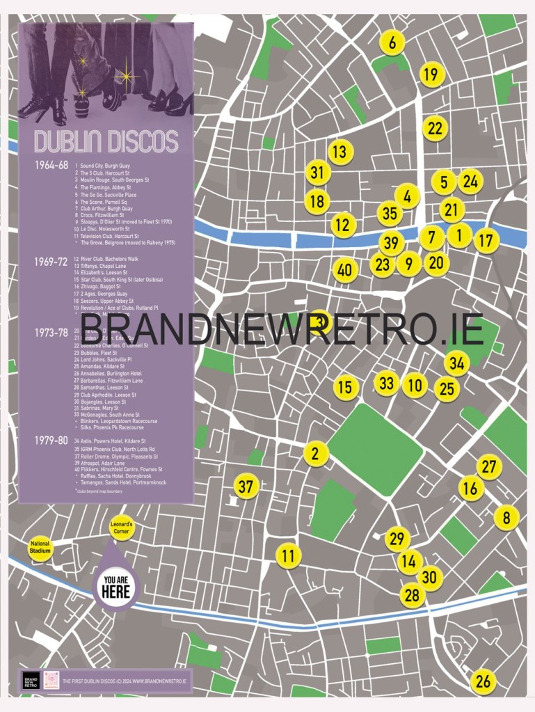 map listing the first discos in Dublin 1964 to 1980
